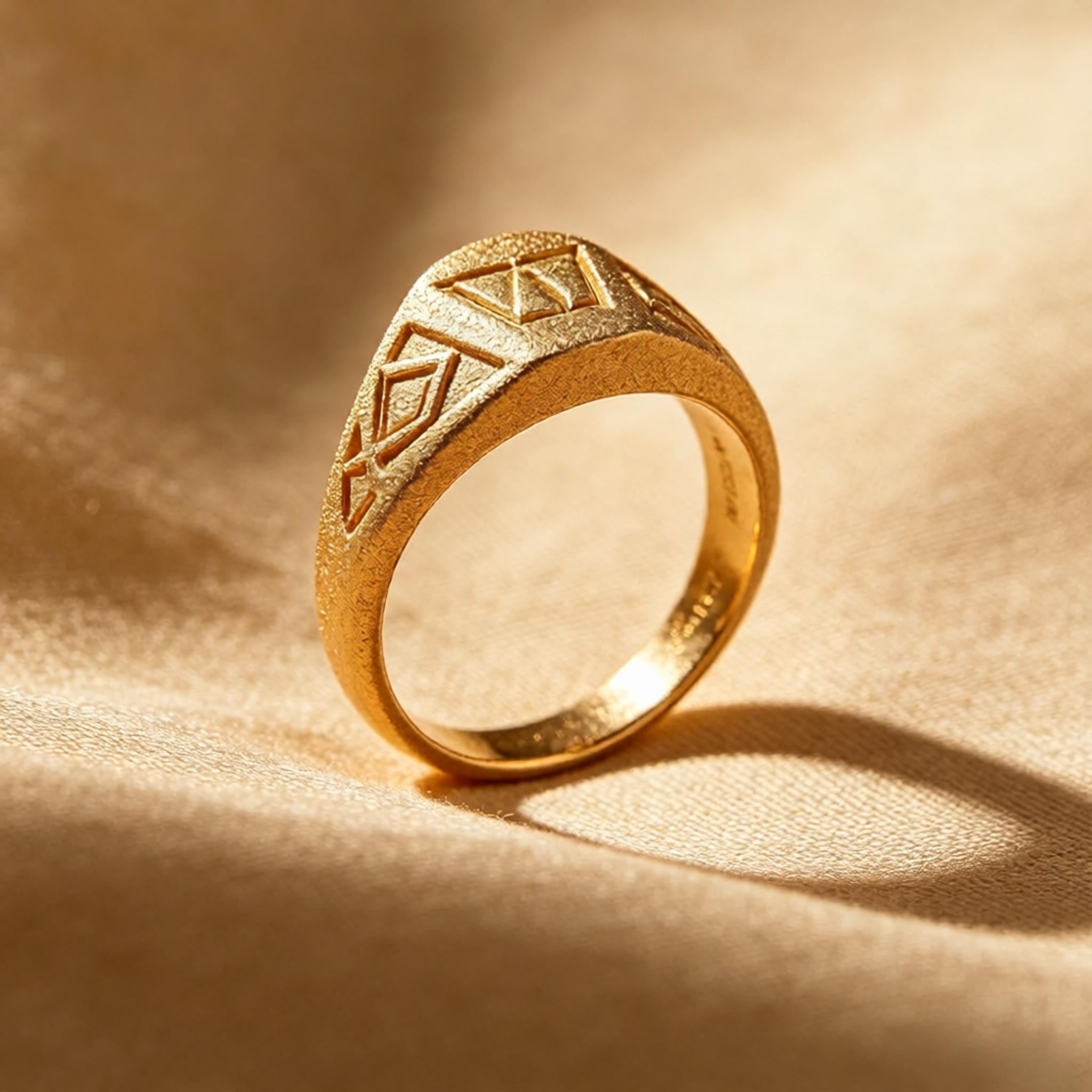 Geometric Engraved Sand Gold Signet Ring