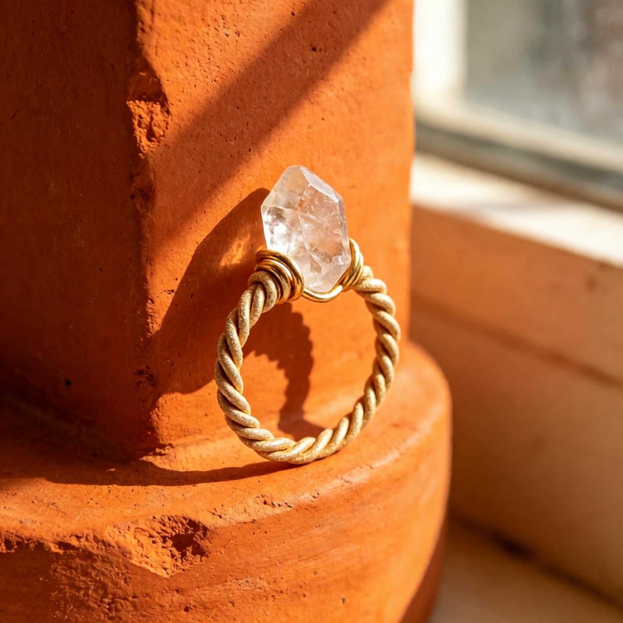 Quartz Accent Twisted Sand Gold Ring